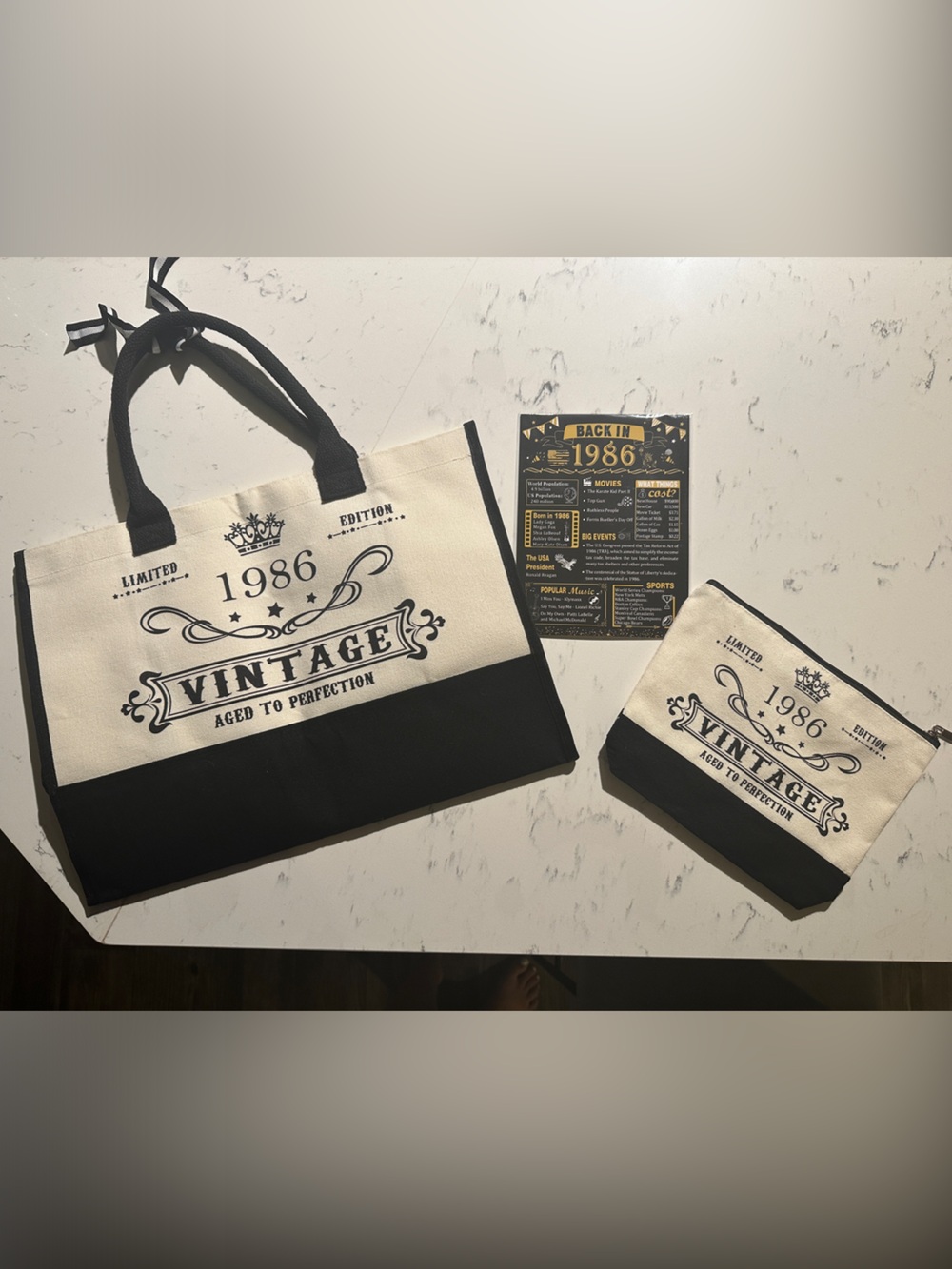 Vintage 1986 Black & Cream Canvas Tote Bag with Pouch